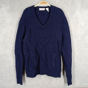 Piccadilly Vintage Mens XL Tall Blue Wool Cable Knit V-Neck Sweater Tall Pockets